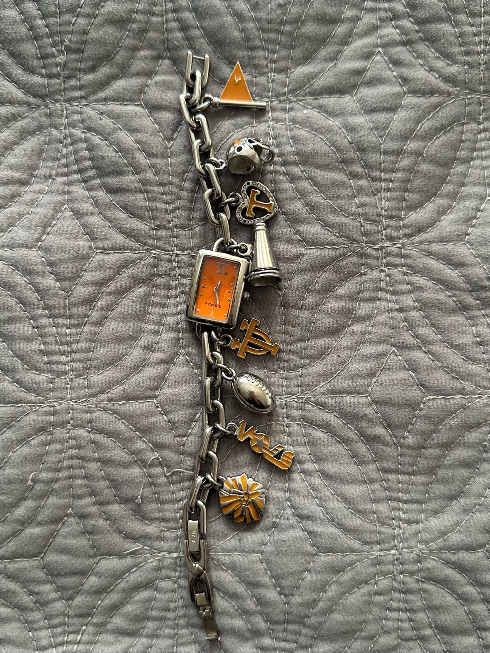 Vintage Silver Fossil Tennessee Volunteers Charm Bracelet Watch